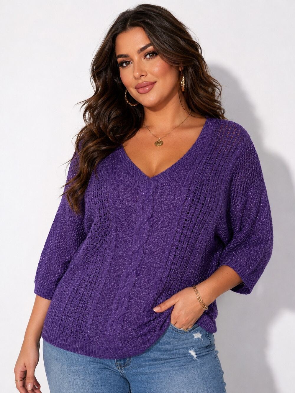 Torrid Size 1 Purple Sparkle Cable Knit V Neck Sweater 3/4 Sleeve Plus 14/16